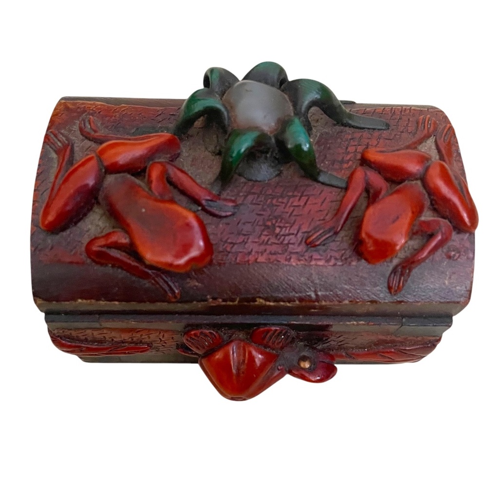 Handmade Decorated Bejeweled Sculpted Frog Trinket Wooden Box‎